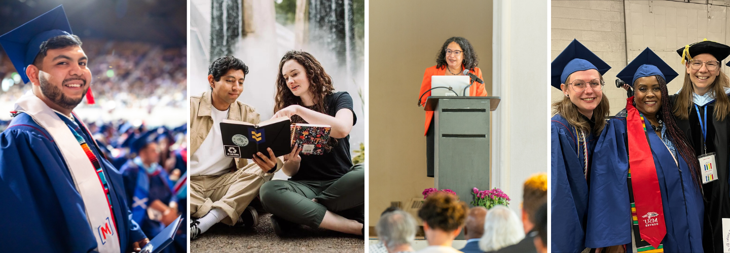 4 images - Image 1: Graduating students and professor at commencement; Image 2: Person standing at podium; Image 3: Two people sitting looking at a book; Image 4: Graduating student at commencement